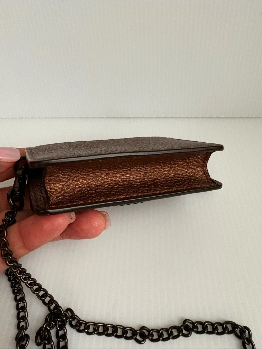 Coach Half Flap card Case Crossbody Bag Pewter Metallic Bronze Chain Strap NWOT
